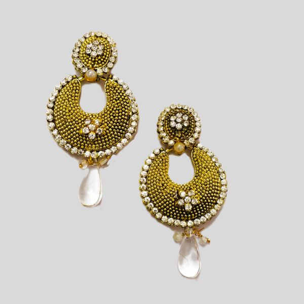 Intricate gold-plated metalwork on the Rajasthani Chandbali Earrings