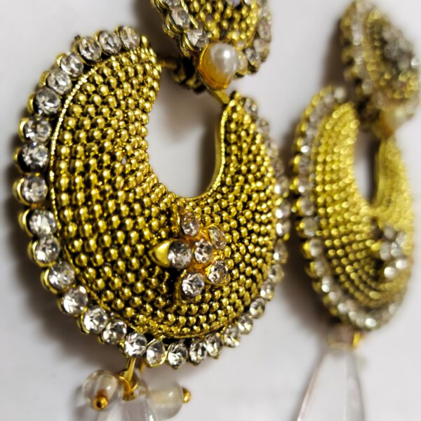 Close-up of the shimmering zircon stones on the Rajasthani Chandbali Earrings