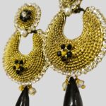 Rajasthani Black Pearl Drop Earrings with intricate gold-toned metalwork and shimmering crystals