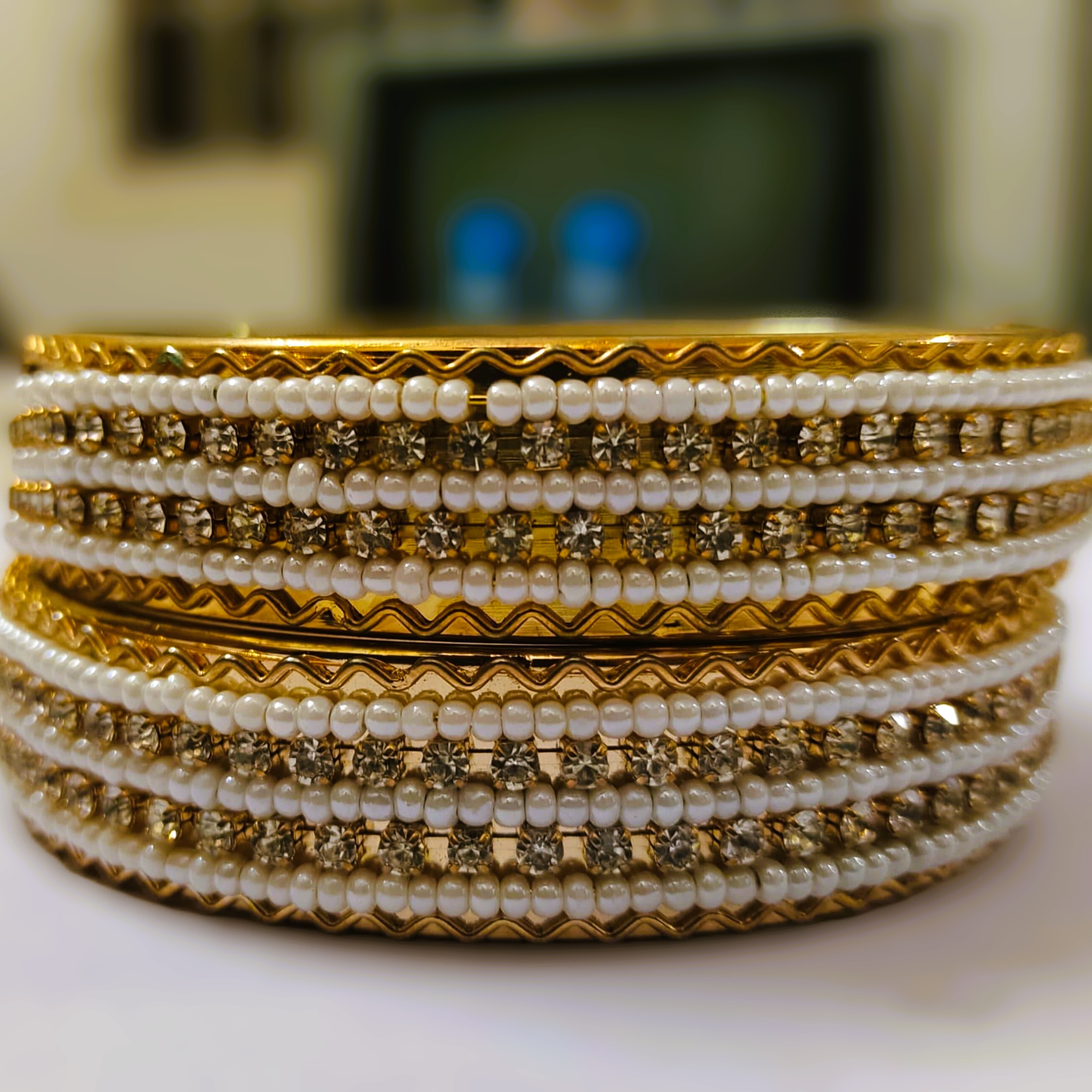 Rajasthani Gold-Plated Pearl and Diamond Kada Bangle Pair