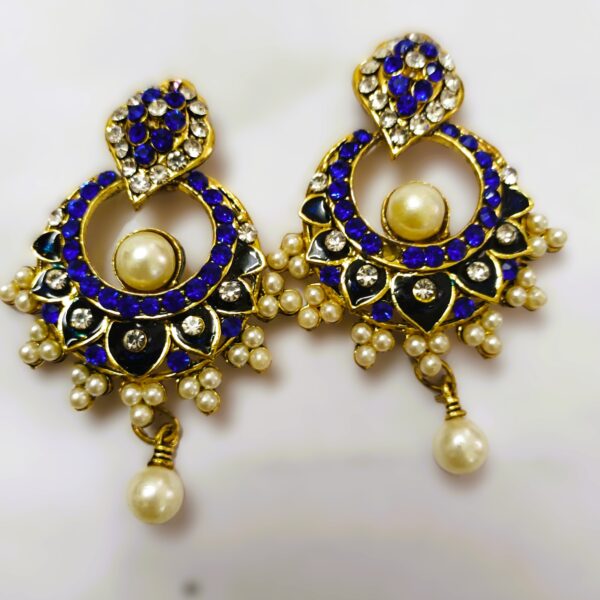 Rajasthani Blue and White Enamel Drop Earrings with gold-toned metalwork and pearls