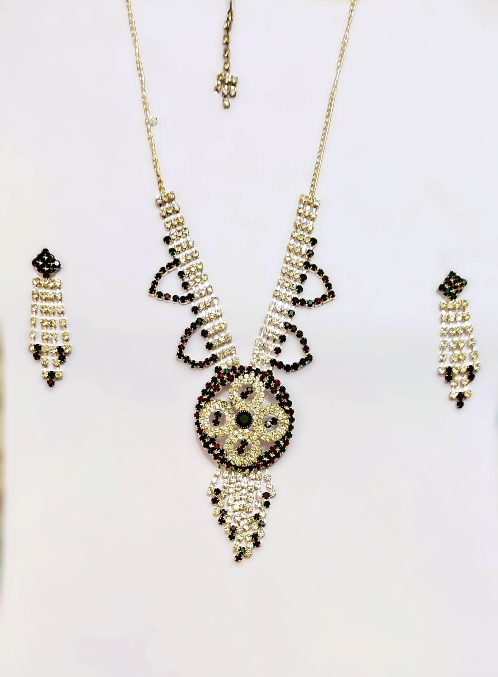 Rajasthani Gold-Plated Necklace Set with red and green stones and gold-toned metalwork