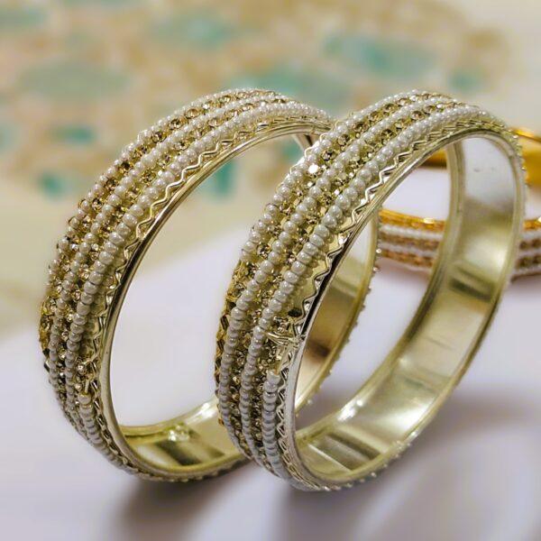 Rajasthani Gold-Plated Pearl and Diamond Kada Bangle Pair in White