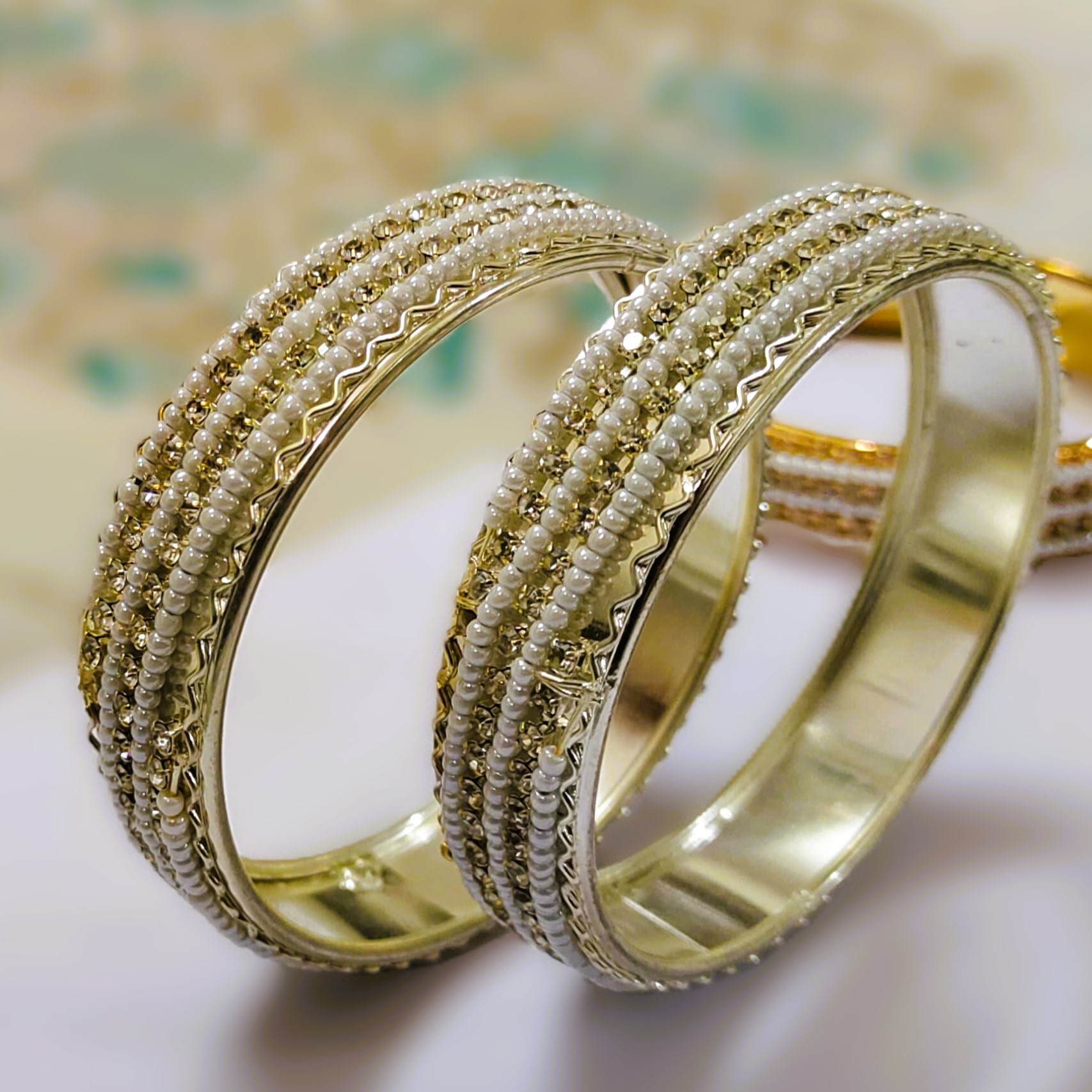 Rajasthani Gold-Plated Pearl and Diamond Kada Bangle Pair in White