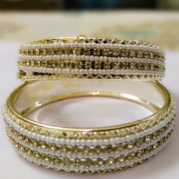 Rajasthani Gold-Plated Pearl and Diamond Kada Bangle Pair in White