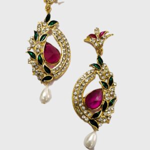 Close-up of the captivating pink gemstone in the Rajasthani Pink Gemstone Drop Earrings