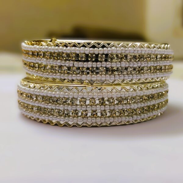 Rajasthani Gold-Plated Pearl and Diamond Kada Bangle Pair in White