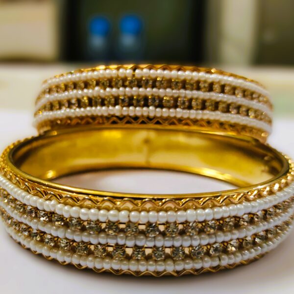 Rajasthani Gold-Plated Pearl and Diamond Kada Bangle Pair