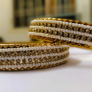 Rajasthani Gold-Plated Pearl and Diamond Kada Bangle Pair – Full Shot