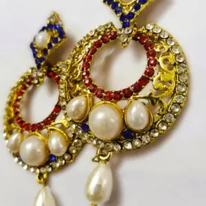 Close-up of the vibrant gemstones on the Rajasthani Gold-Plated Drop Earrings