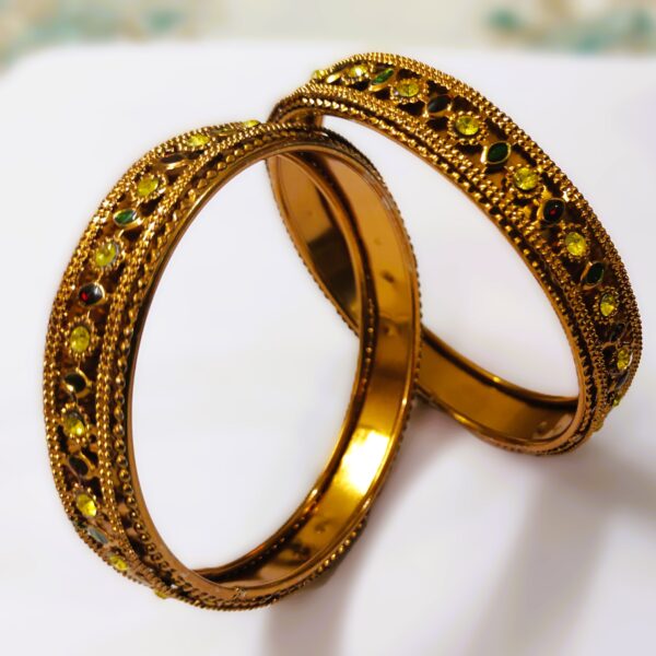 Close-up of the intricate details on the Rajasthani Gold-Plated Pearl and Diamond Kada Bangle Pair