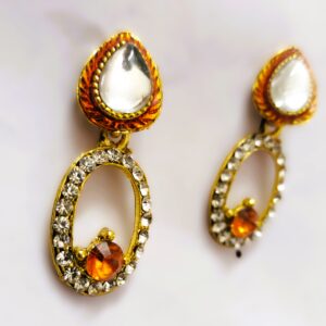 Close-up of the red and white stones on the Rajasthani Jhumka Earrings Title: Rajasthani Jhumka Earrings - Gemstone Close-up